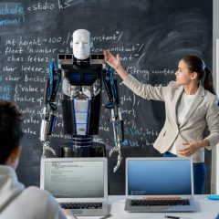 Clever girl standing by blackboard and describing robot characteristics