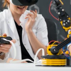 Students using robots and VR goggles